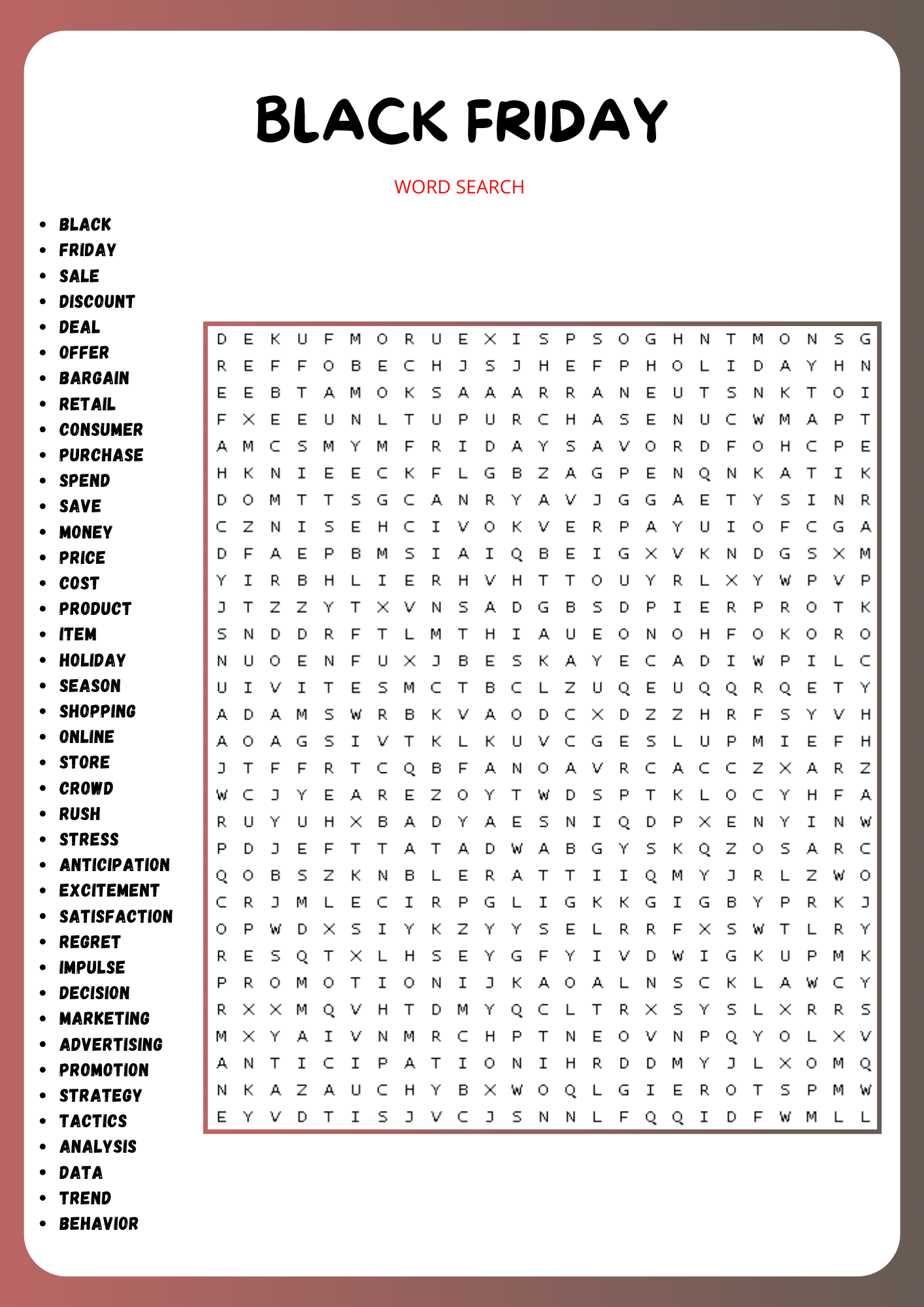 BLACK FRIDAY WORD SEARCH PUZZLE WORKSHEET ACTIVITY Made By Teachers