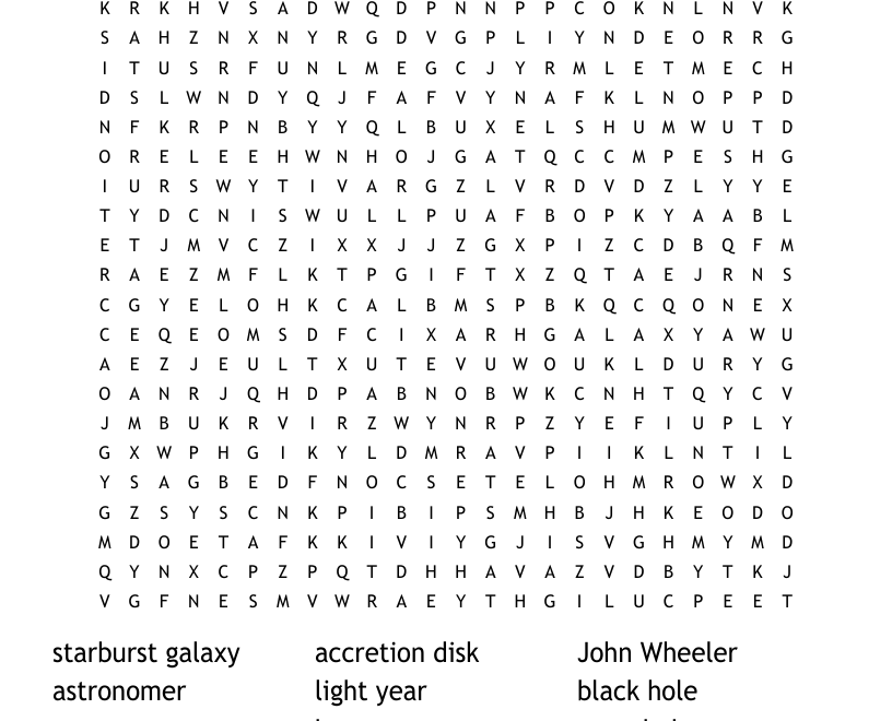 Black Holes Word Search WordMint