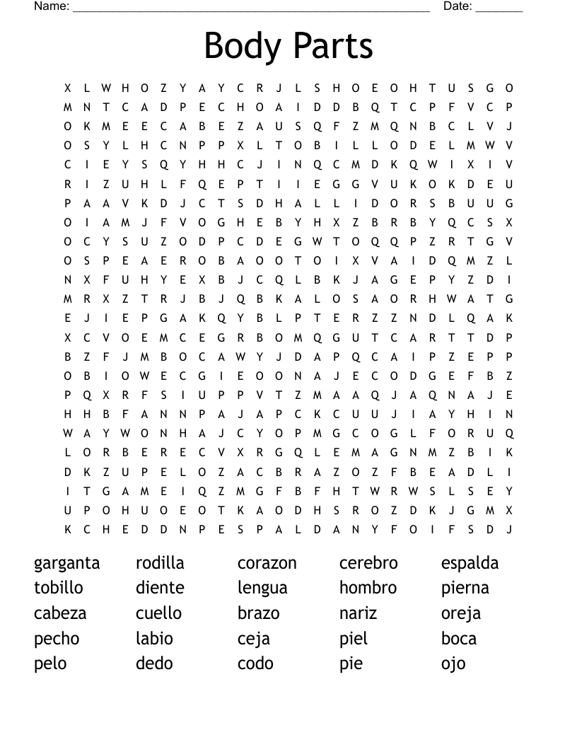 Body Parts Word Search WordMint