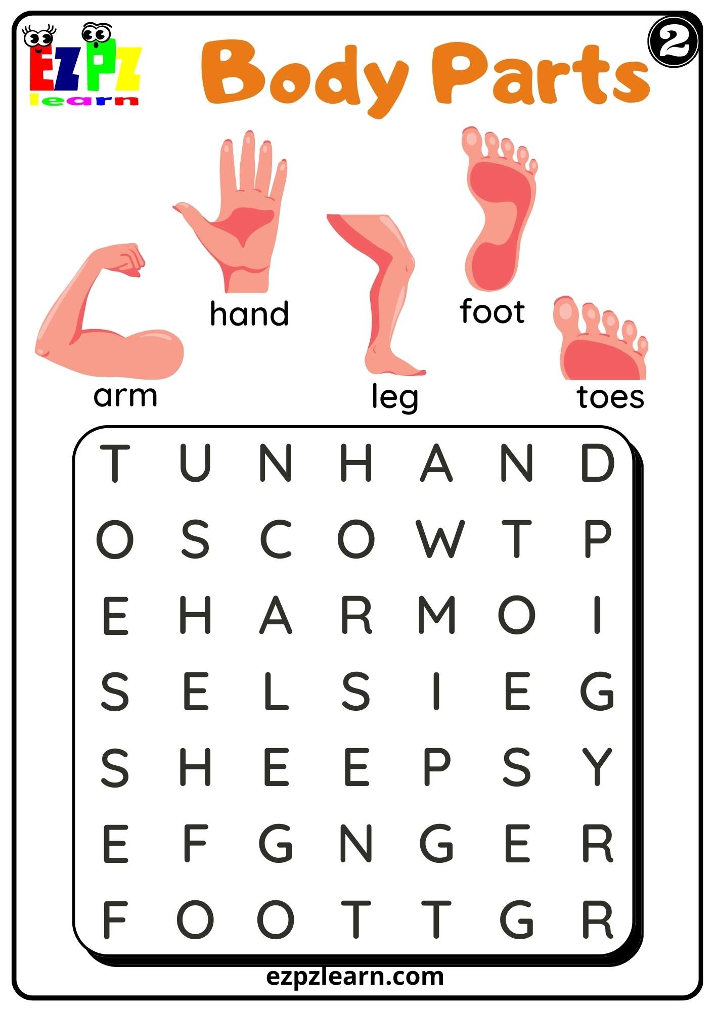 Body Parts Word Search Worksheets For Kids And ESL PDF Download Set 2 Ezpzlearn