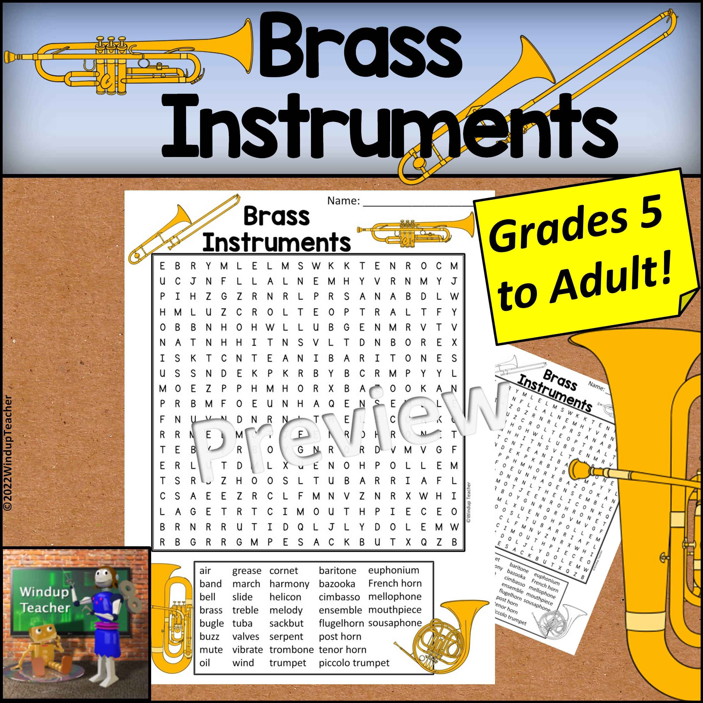 Brass Instruments Word Search HARD Made By Teachers