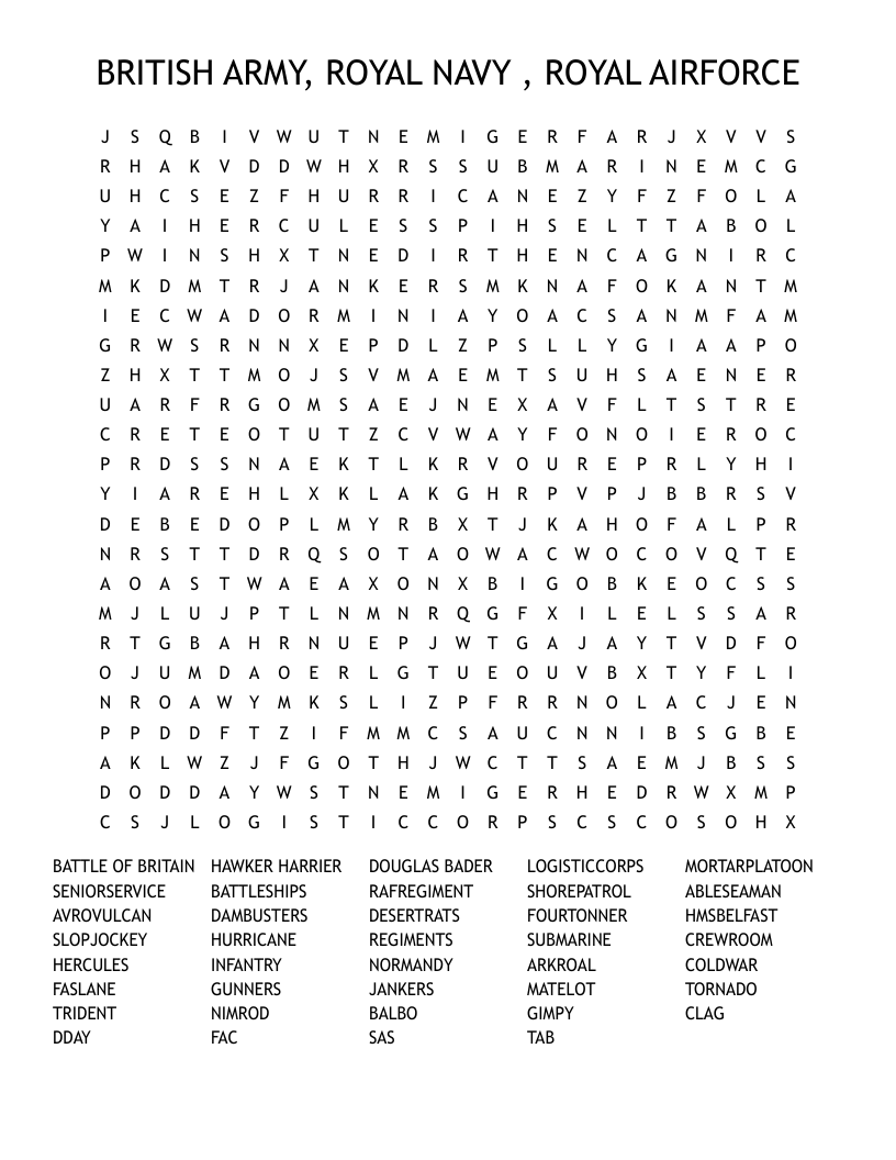 BRITISH ARMY ROYAL NAVY ROYAL AIRFORCE Word Search WordMint