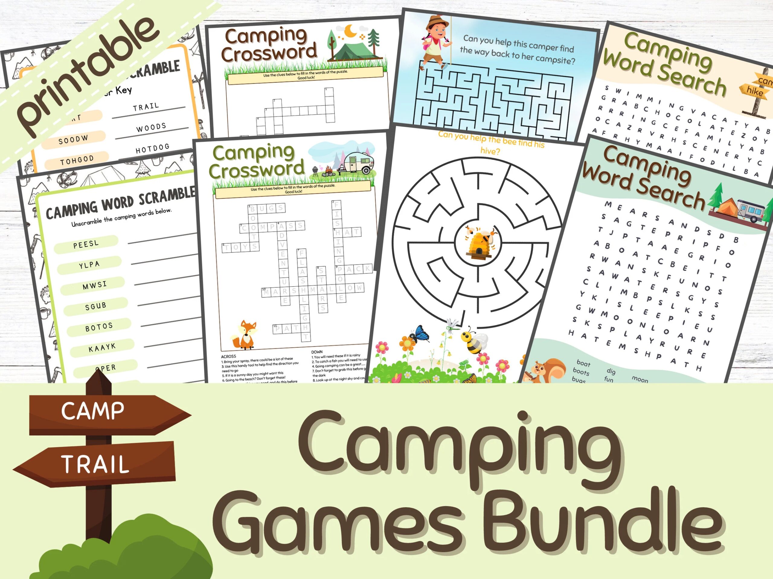 Camping Games Bundle Camping Word Scramble Camping Crossword Camping Maze Camping Word Search Printable Kids Games Camp Games Etsy