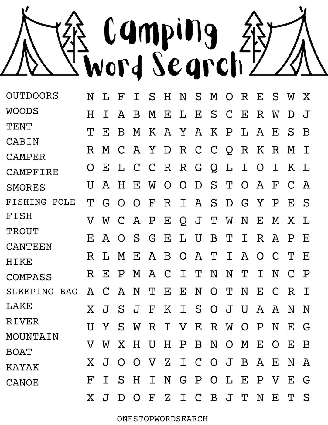 Camping Word Search Puzzle With Answer Sheet Camping Games Camping Activities Outdoors Etsy