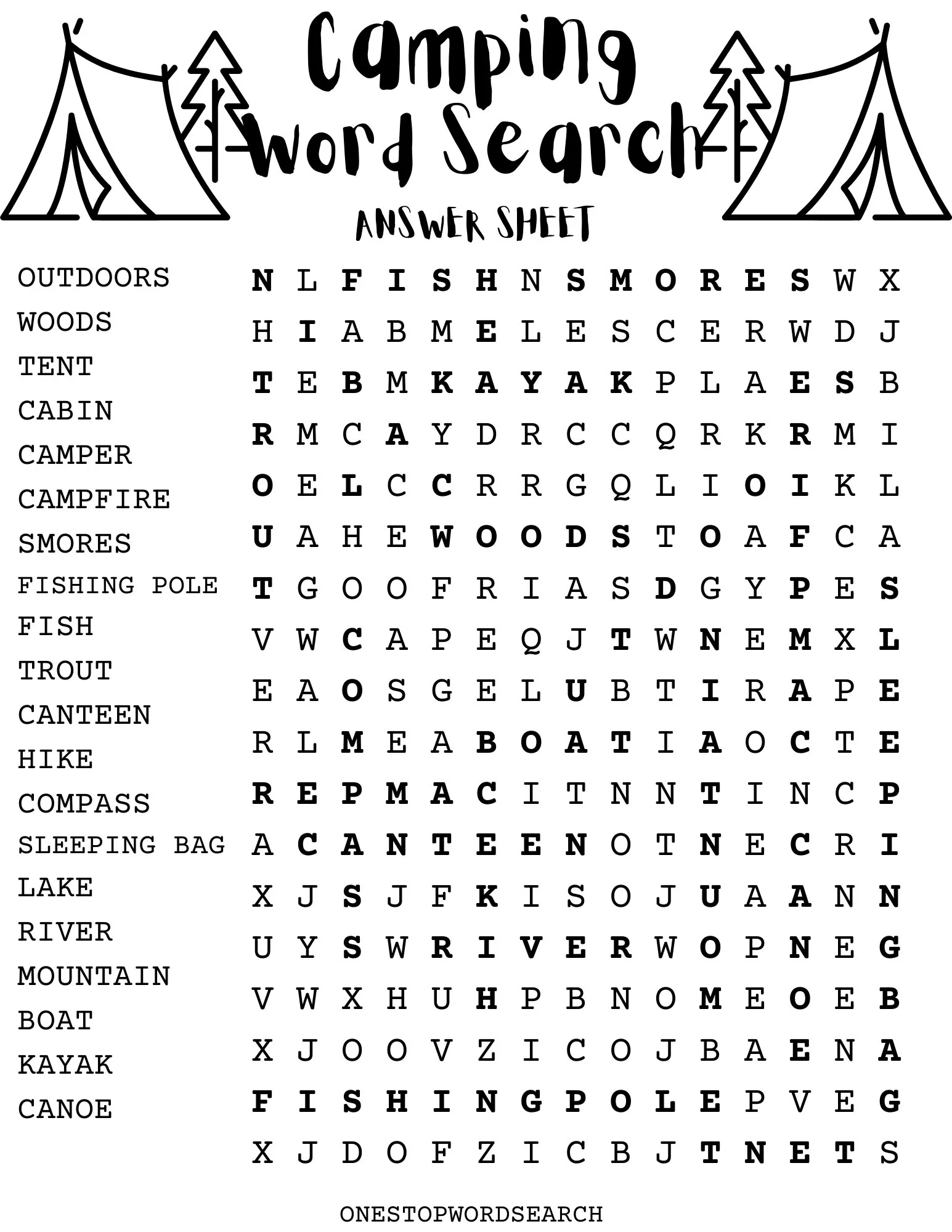 Camping Word Search Puzzle With Answer Sheet Camping Games Camping Activities Outdoors Etsy