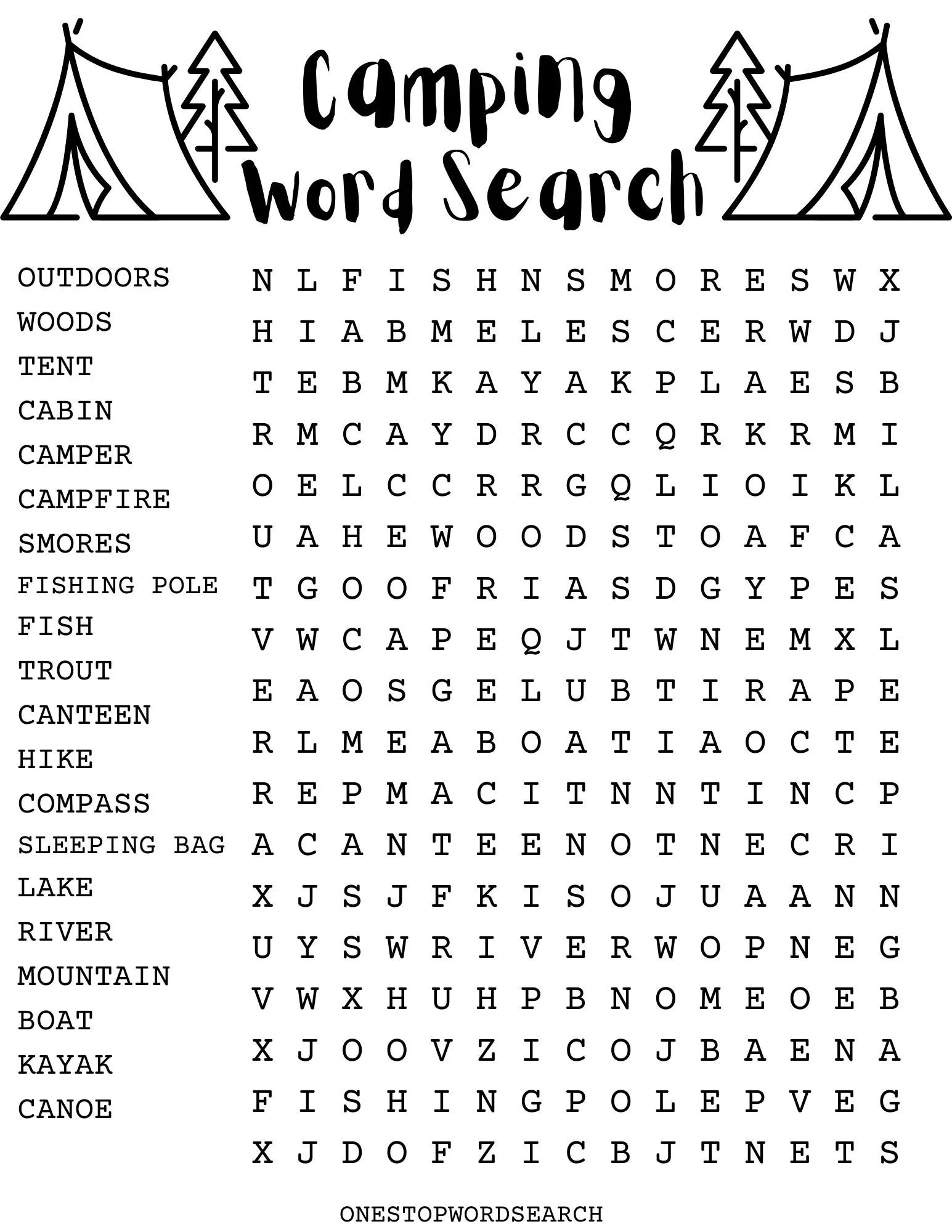 Camping Word Search Puzzle With Answer Sheet Camping Games Camping Activities Outdoors Etsy