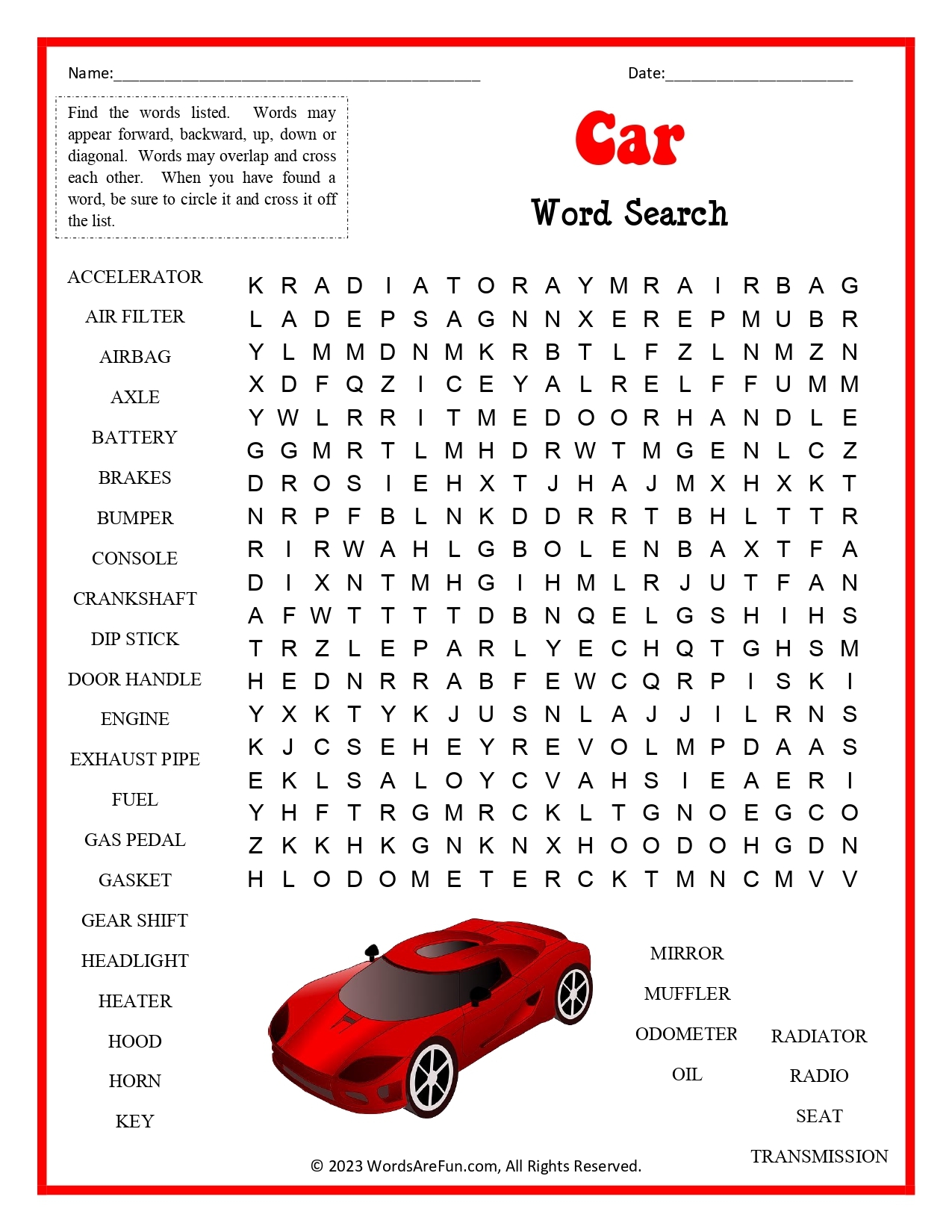 Car Word Search Printable
