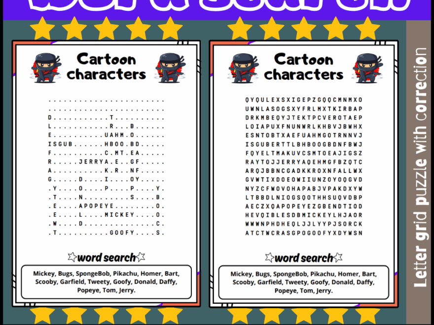 Cartoon Characters Word Search Puzzle Worksheet Activity Made By Teachers