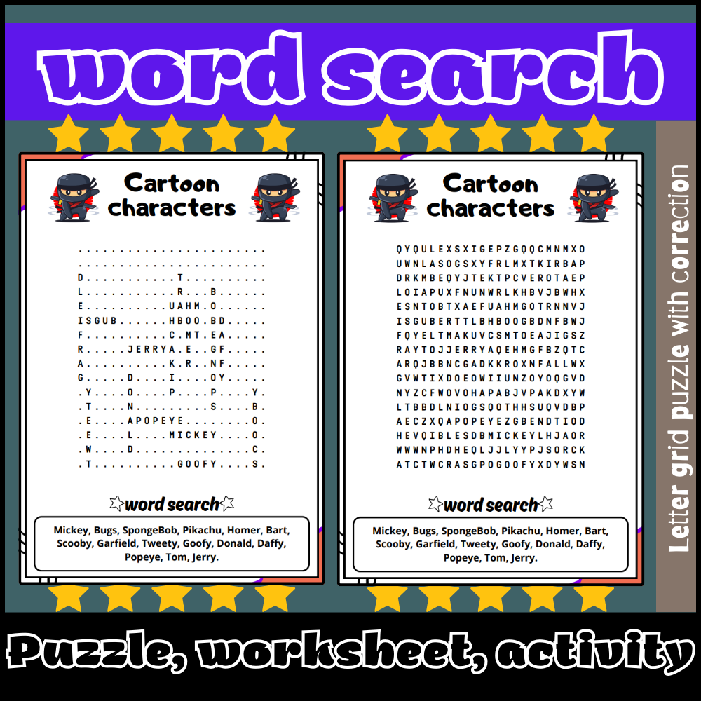 Cartoon Characters Word Search Puzzle Worksheet Activity Made By Teachers