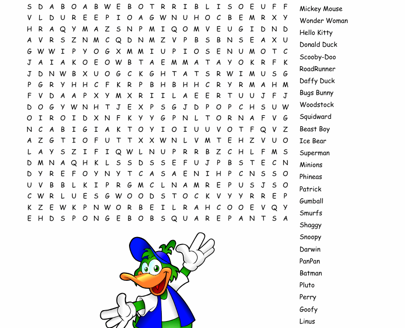 Cartoon Characters Word Search WordMint