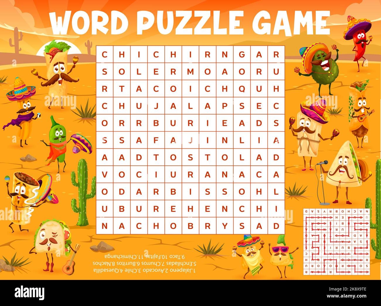 Cartoon Food Characters In Mexican Desert Word Search Puzzle Game Vector Worksheet Kids Quiz Grid Or