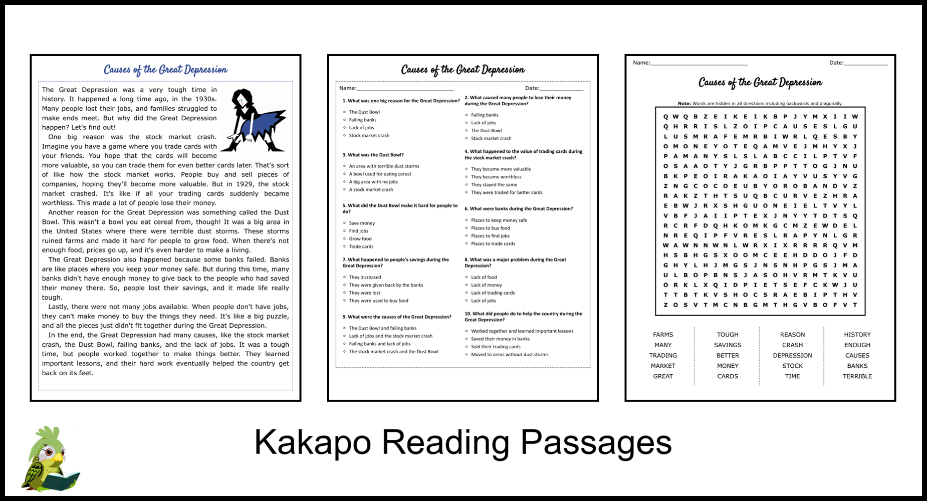 Causes Of The Great Depression Reading Comprehension And Word Search Teaching Resources