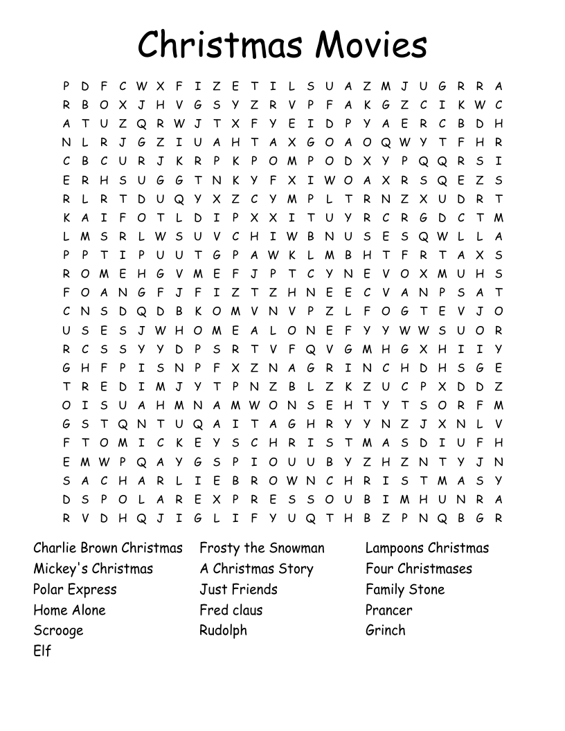 Christmas Movies Word Search WordMint