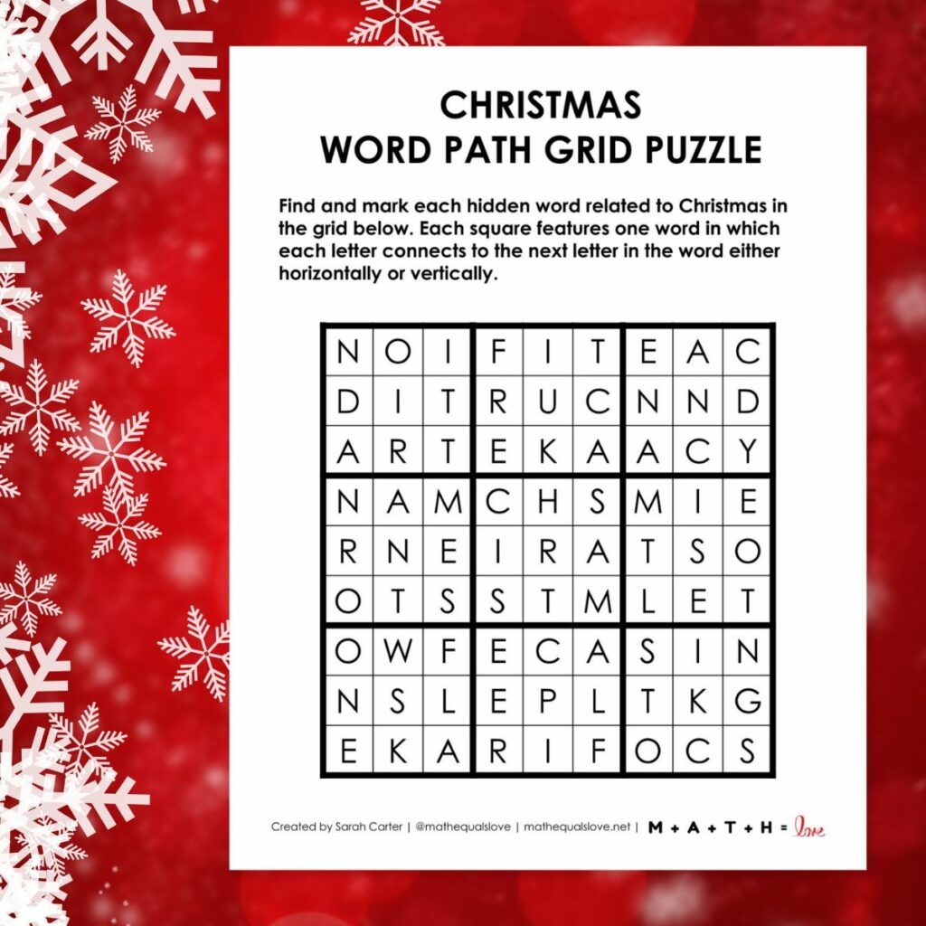 Christmas Word Puzzle Word Path Grid Puzzle PDF