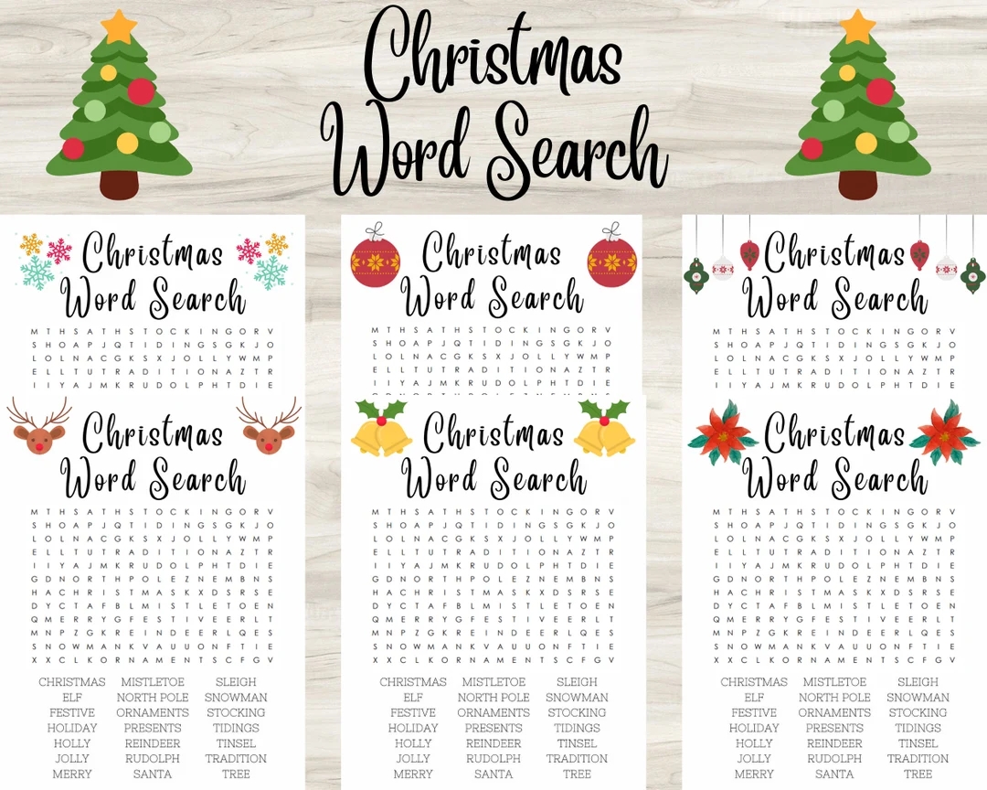 Christmas Word Search For Kids And Adults 6 Different Designs Etsy