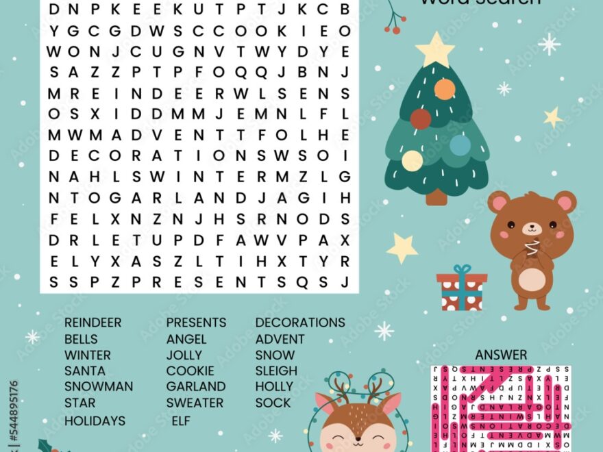 Christmas Word Search Puzzle With Answer Game For Learning English Printable Worksheet For Children About Winter Holidays Educational Crossword Game Funny Cartoon Animals Vector Illustration Stock Vector Adobe Stock