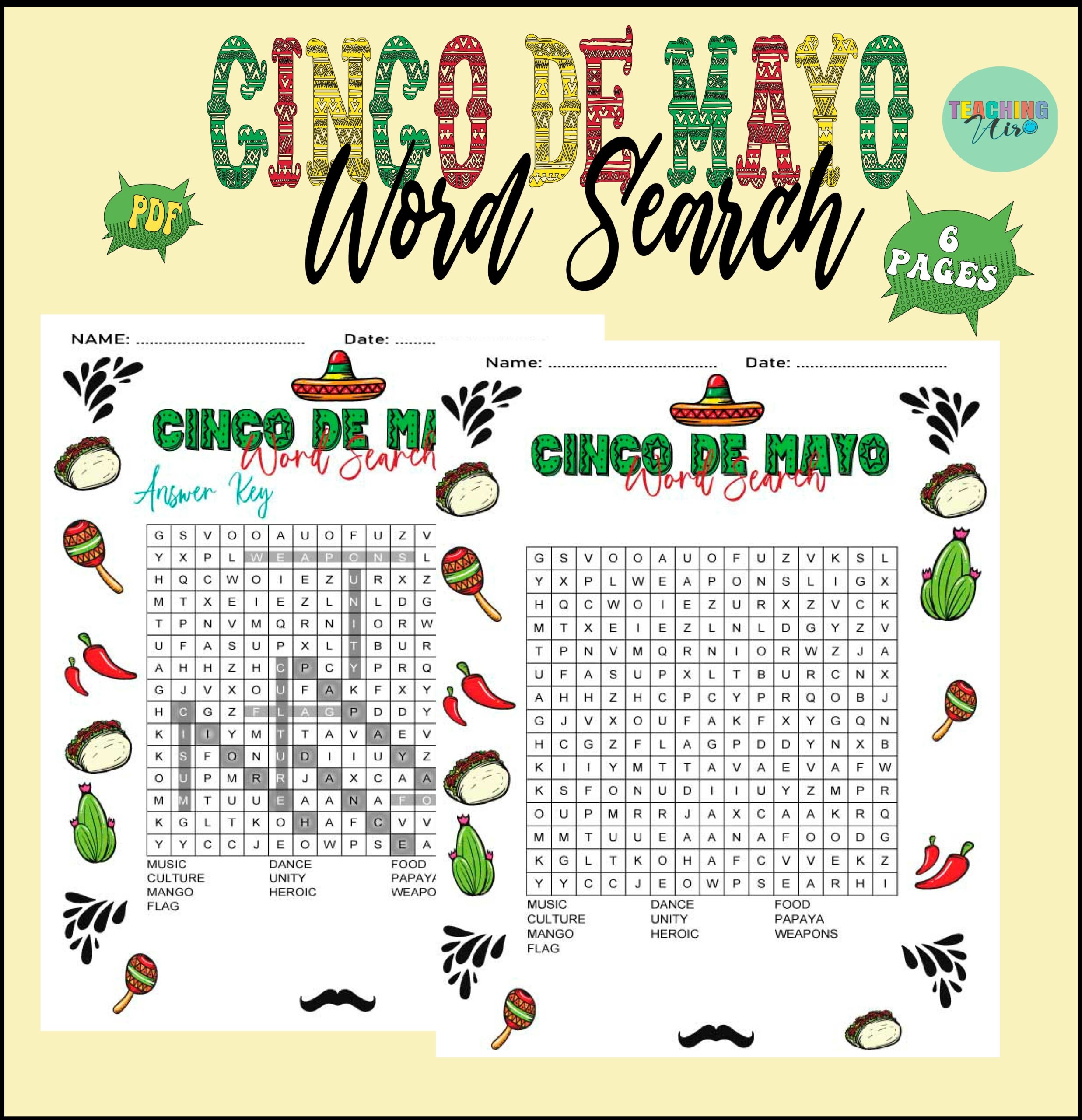 Cinco De Mayo Word Search Puzzle For Kids With Mexican Culture Vocabs Made By Teachers