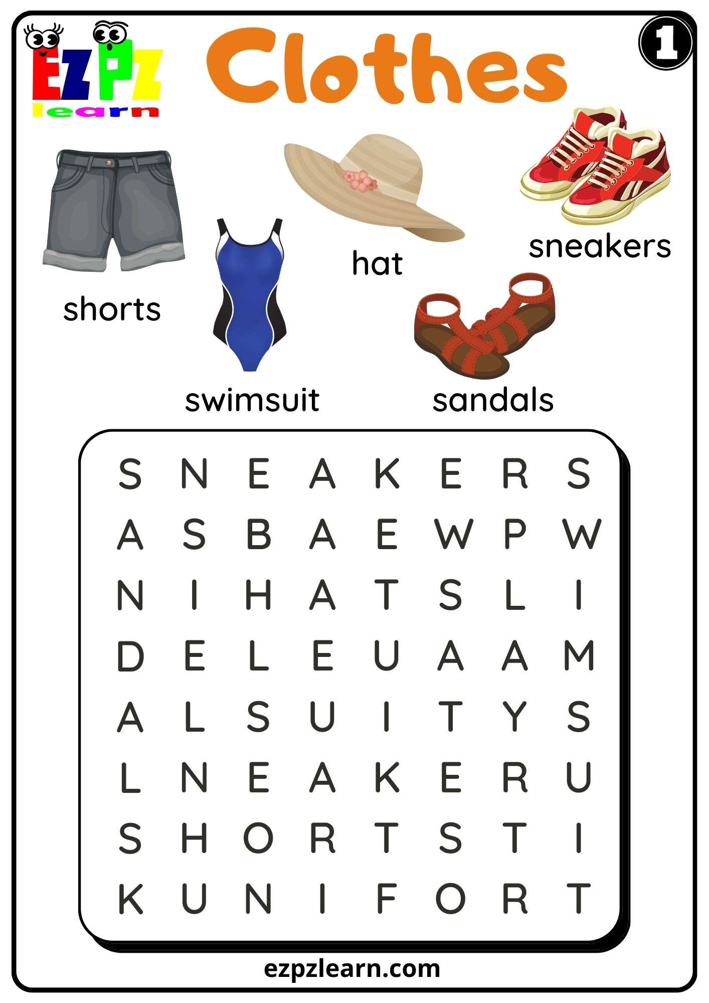 Clothes Word Search Kindergarten K5 And ESL Set 1 Ezpzlearn
