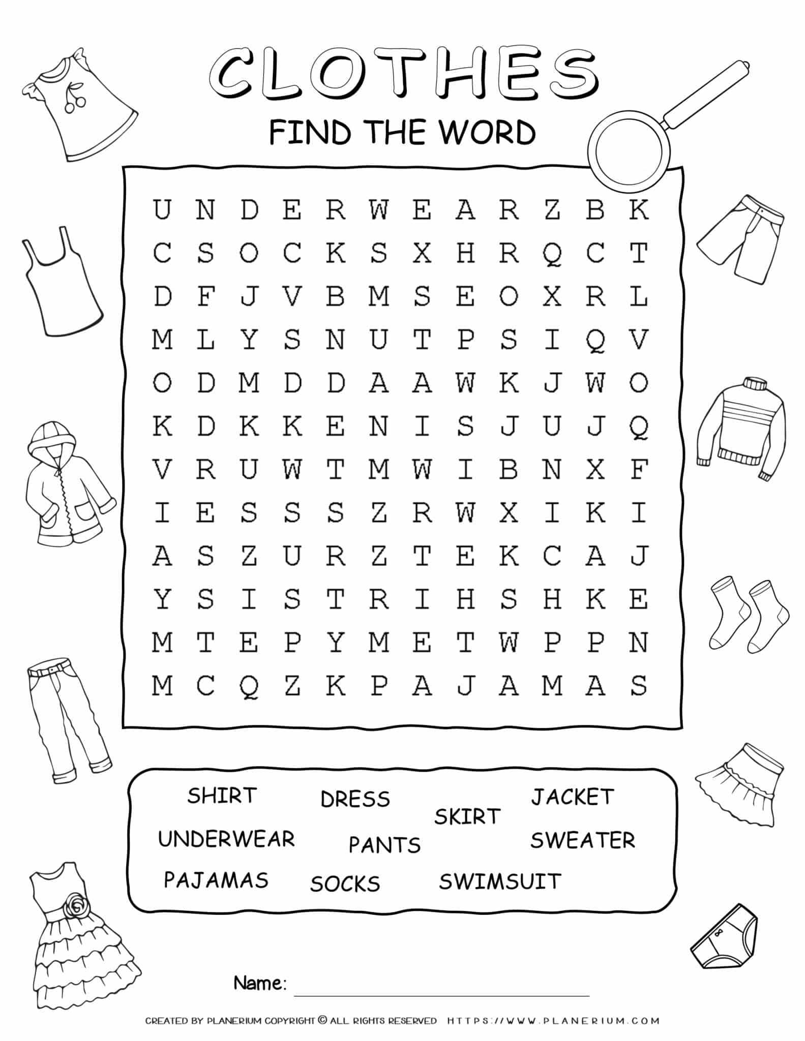 Clothes Word Search Ten Words Planerium