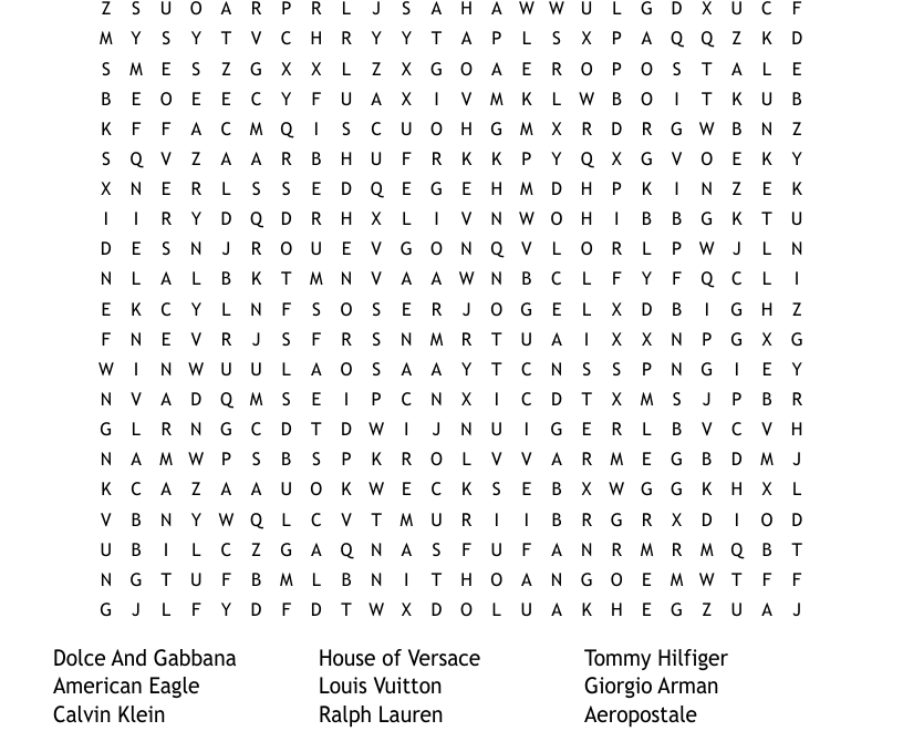 Clothing Brands Word Search WordMint