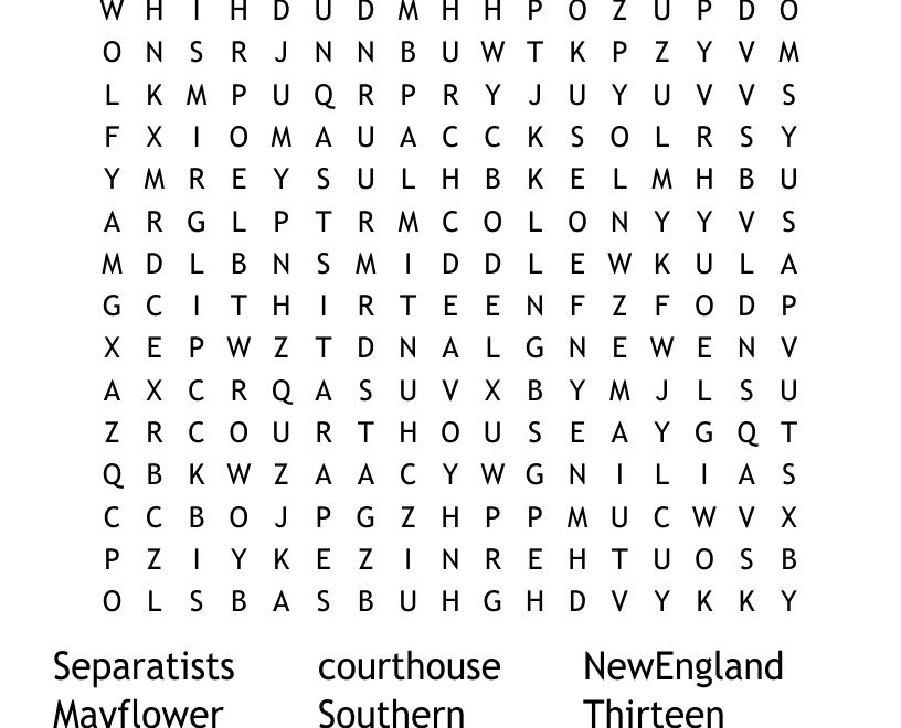 Colonial America Word Search WordMint