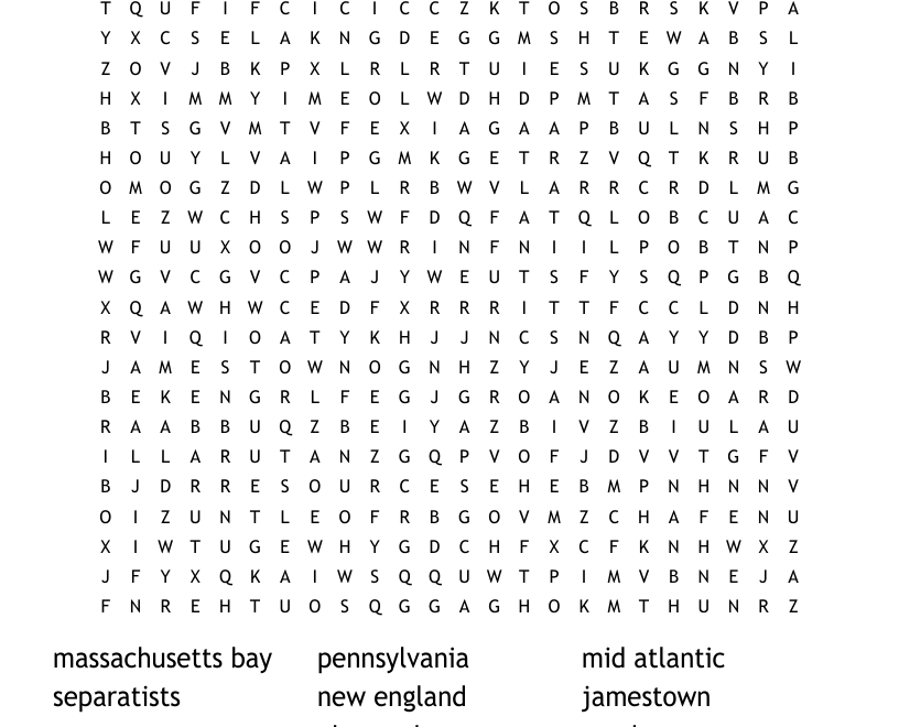 Colonial America Word Search WordMint