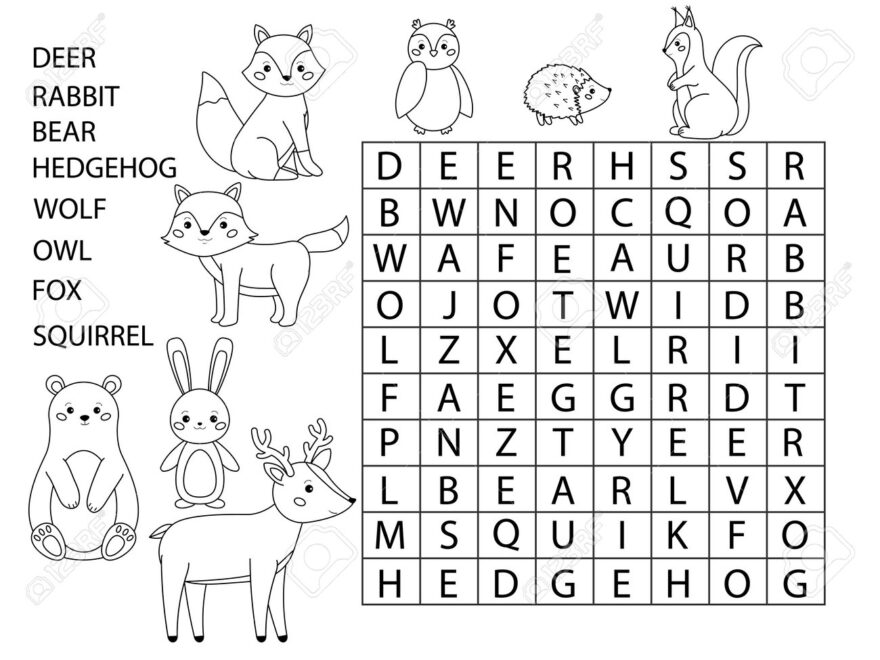 Coloring Page With Word Search Forest Animals Cute Cartoon Characters Educational Game For Kids Printable Crossword Learn English Vector Illustration Royalty Free SVG Cliparts Vectors And Stock Illustration Image 200610863