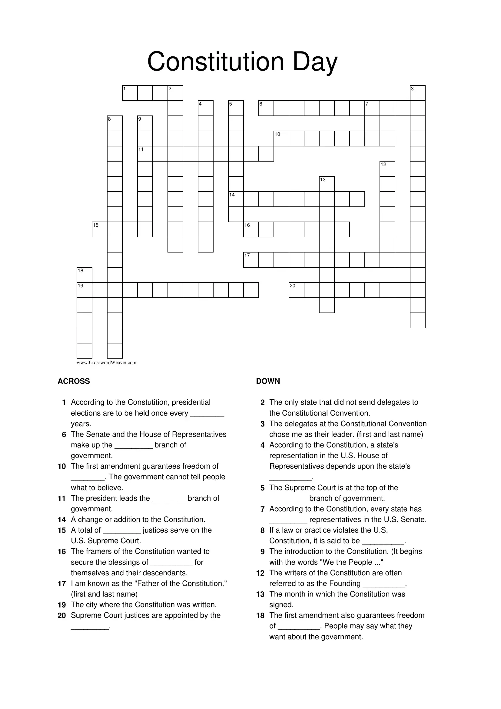 Constitution Crossword Puzzle PDF Form FormsPal
