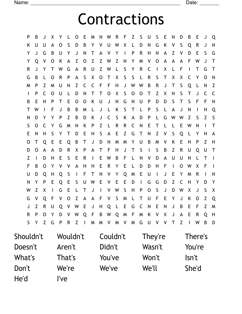 Contractions Word Search WordMint