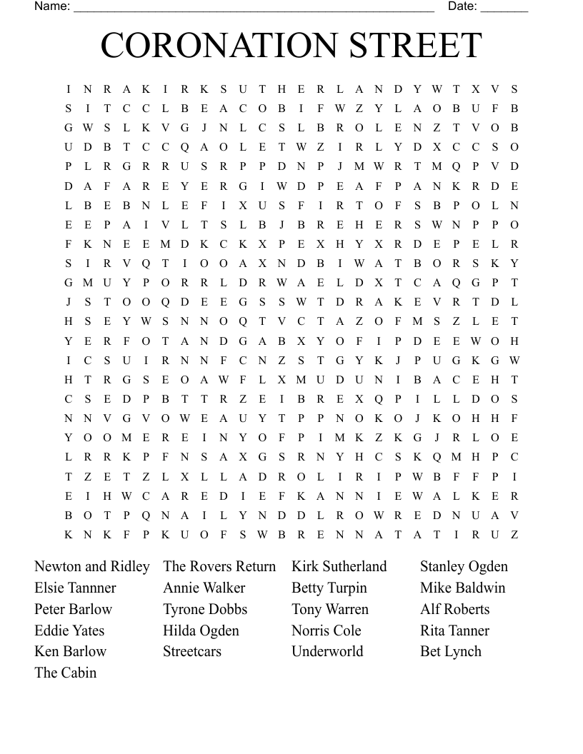 CORONATION STREET Word Search WordMint
