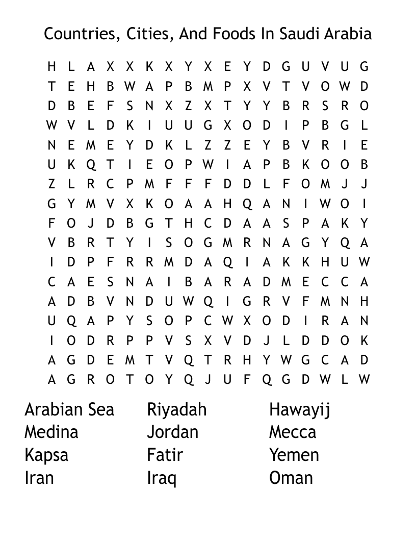 Countries Cities And Foods In Saudi Arabia Word Search WordMint