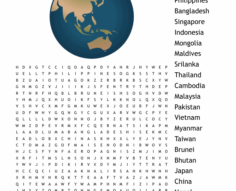 Countries Of Asia Word Search WordMint