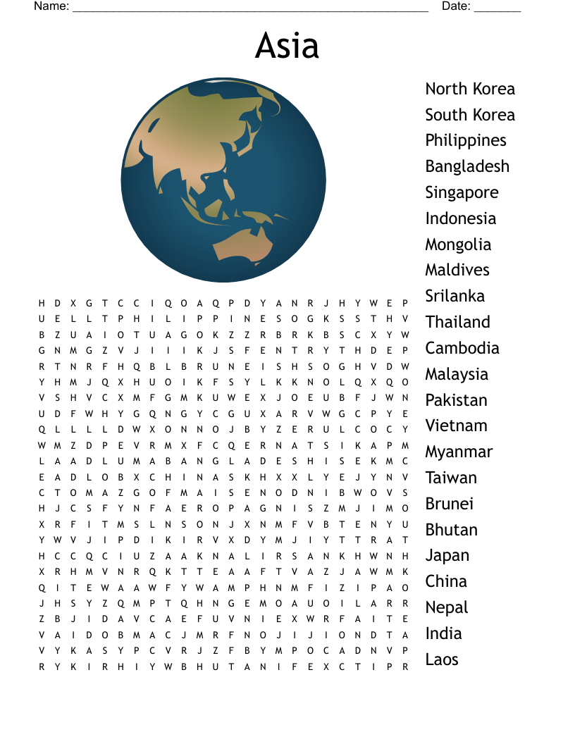Countries Of Asia Word Search WordMint