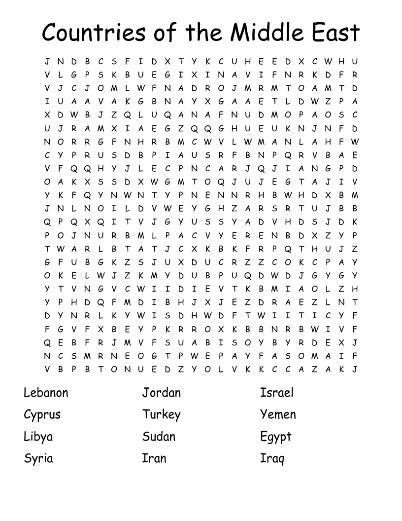 Countries Of The Middle East Word Search WordMint