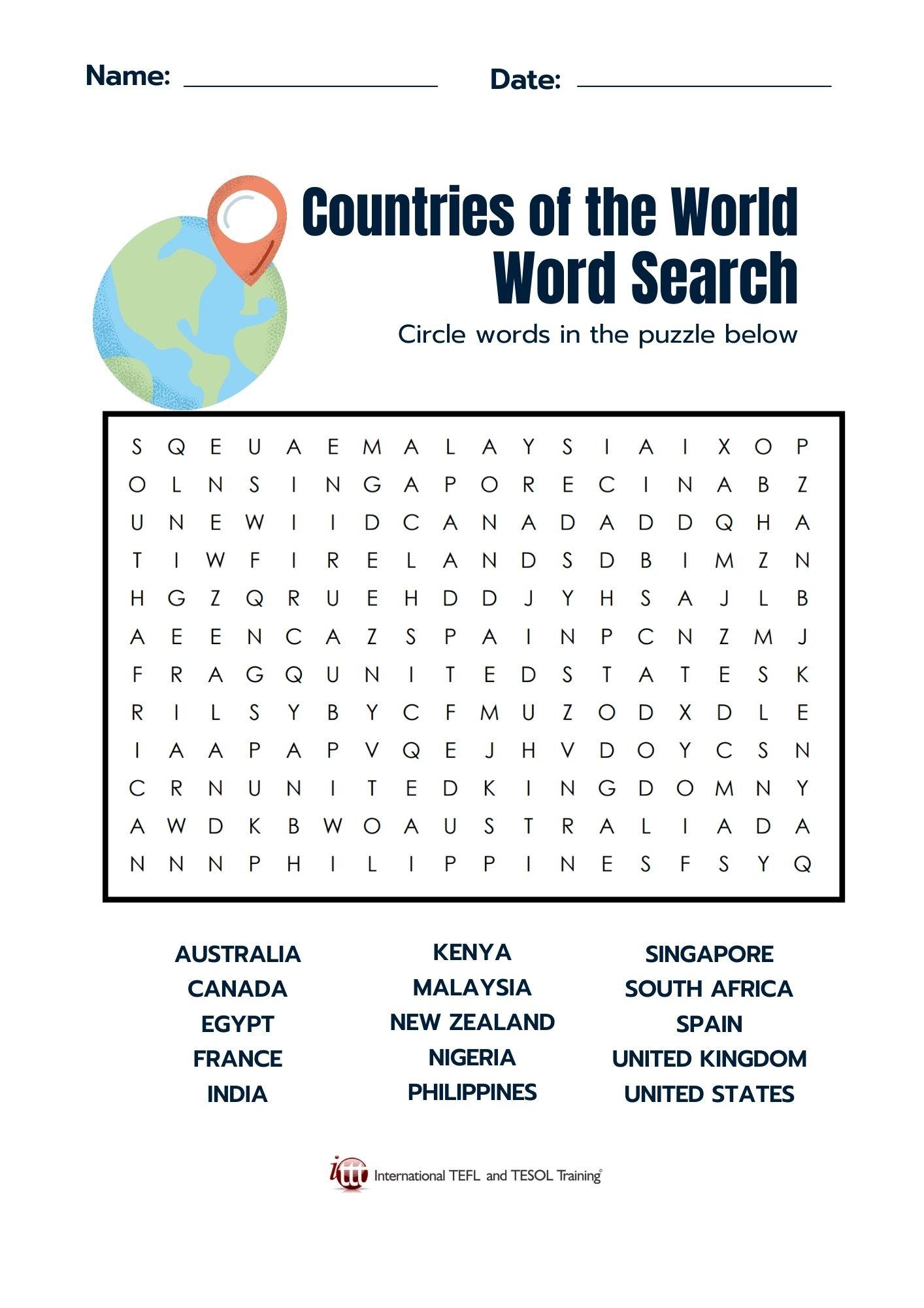 Countries Of The World EFL Word Search ITTT