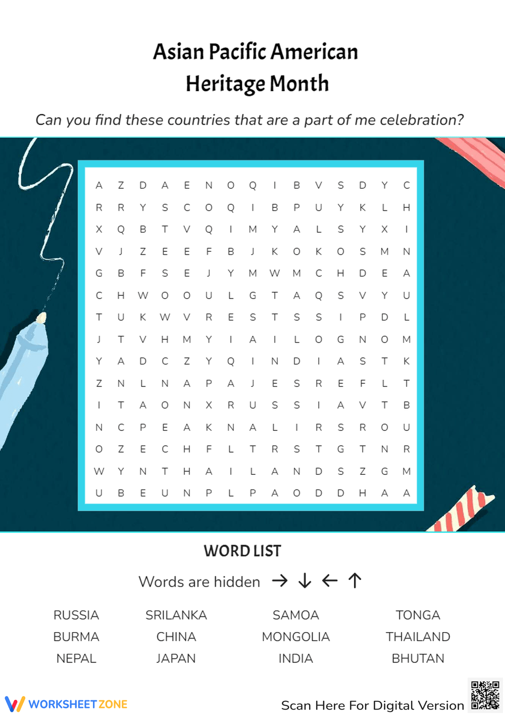Asia Country Word Search Printable