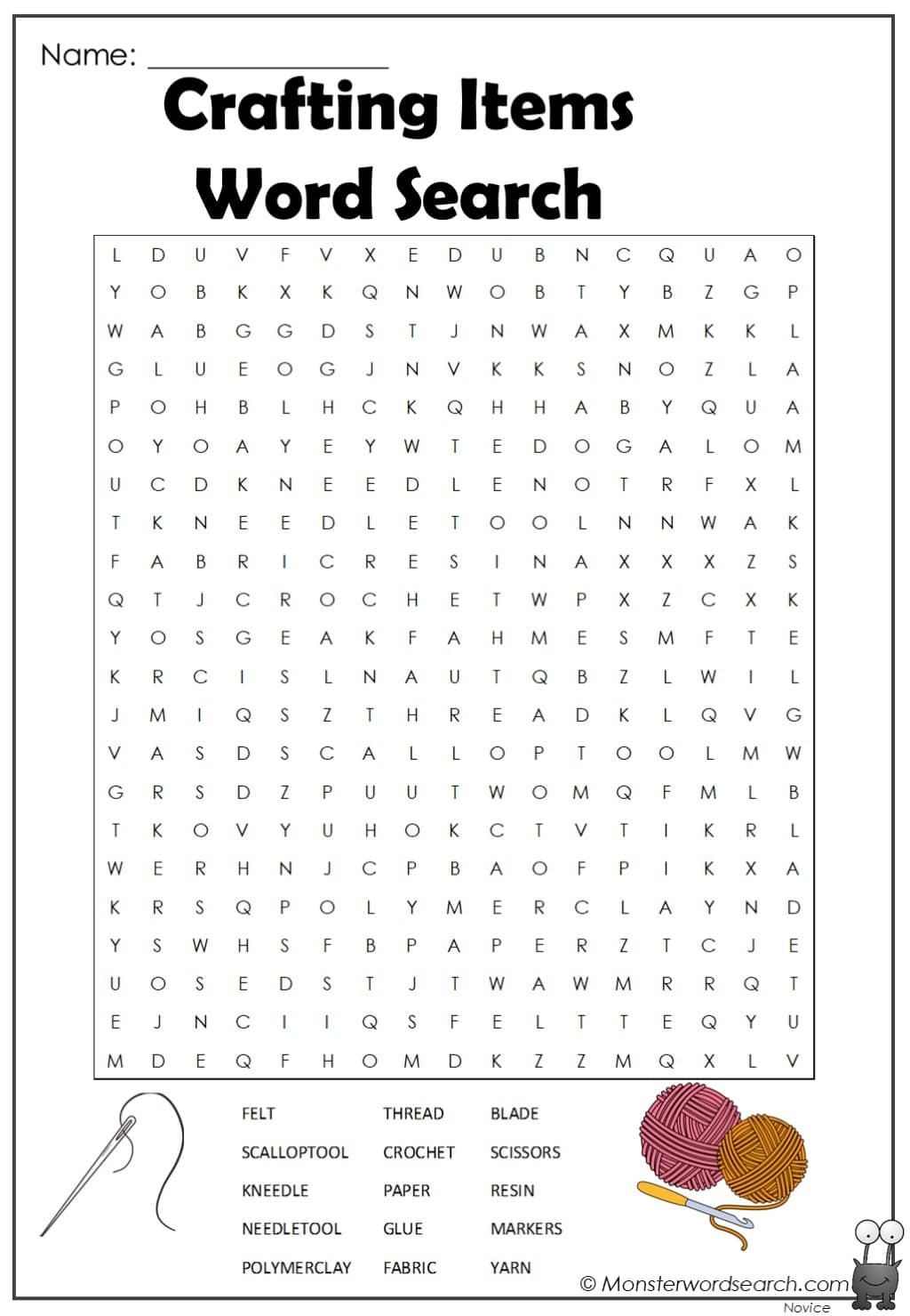 Crafting Items Word Search Monster Word Search