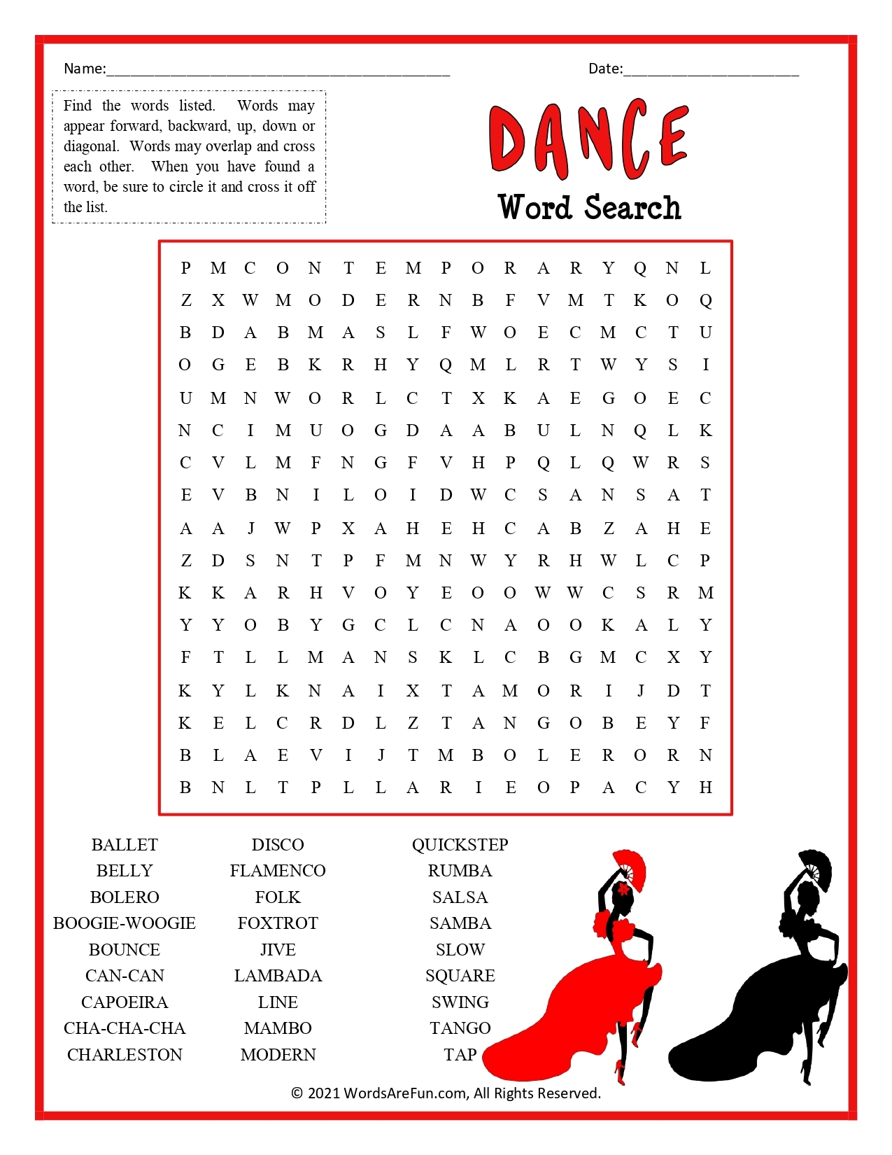 Dance Word Search Free Printable