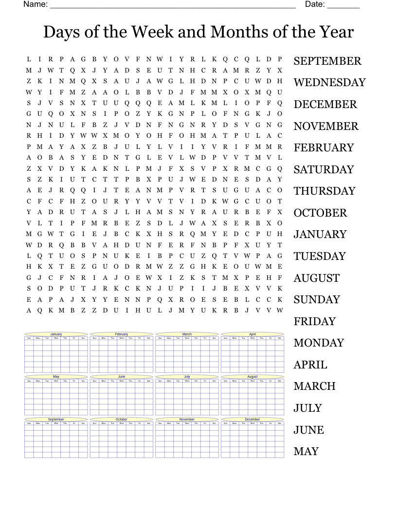 Days Of The Week And Months Of The Year Word Search WordMint