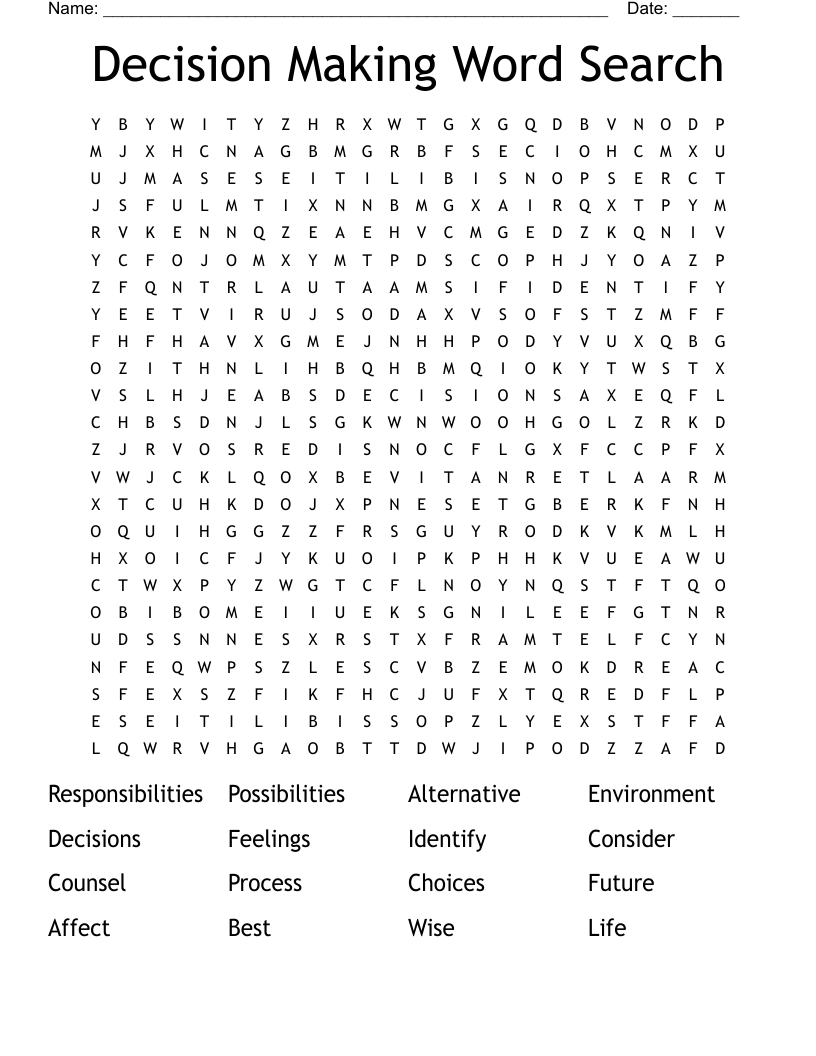 Decision Making Project Word Search WordMint