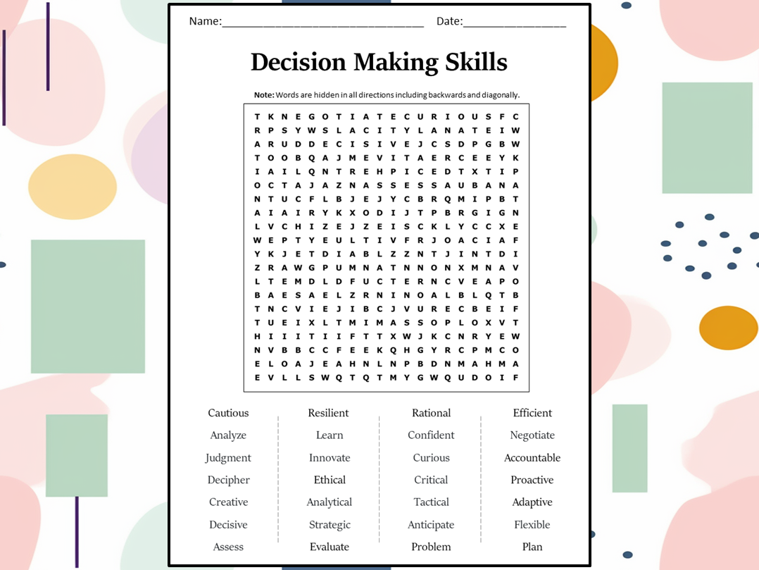 Decision Sale Making Skills Word Search