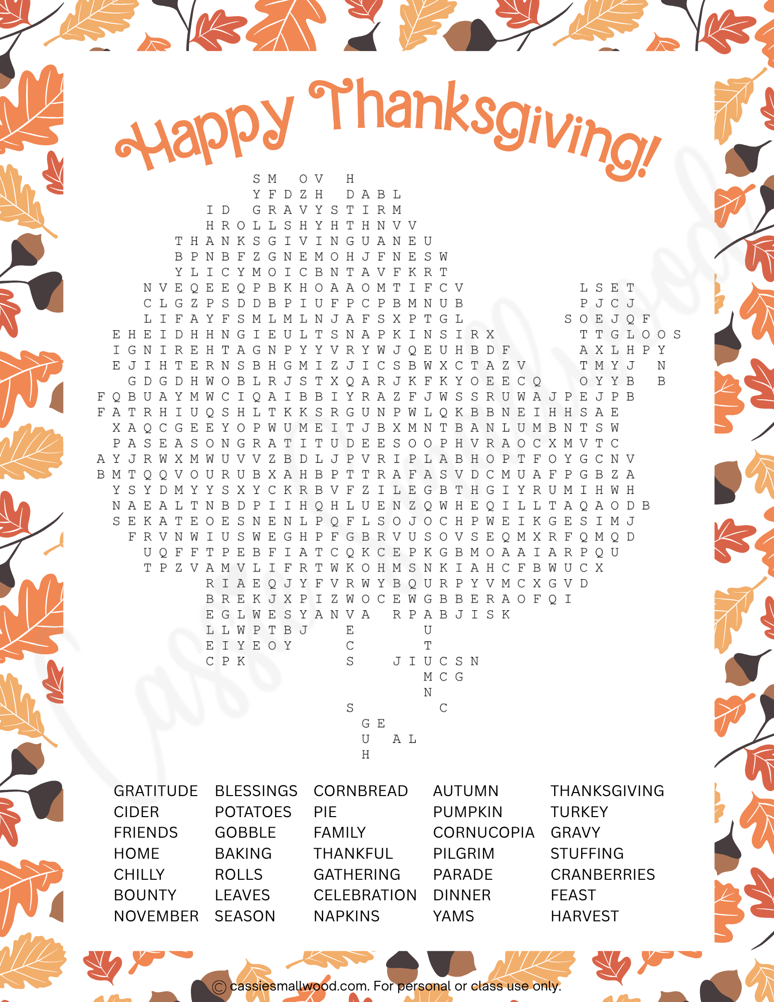 Difficult Thanksgiving Word Search Cassie Smallwood