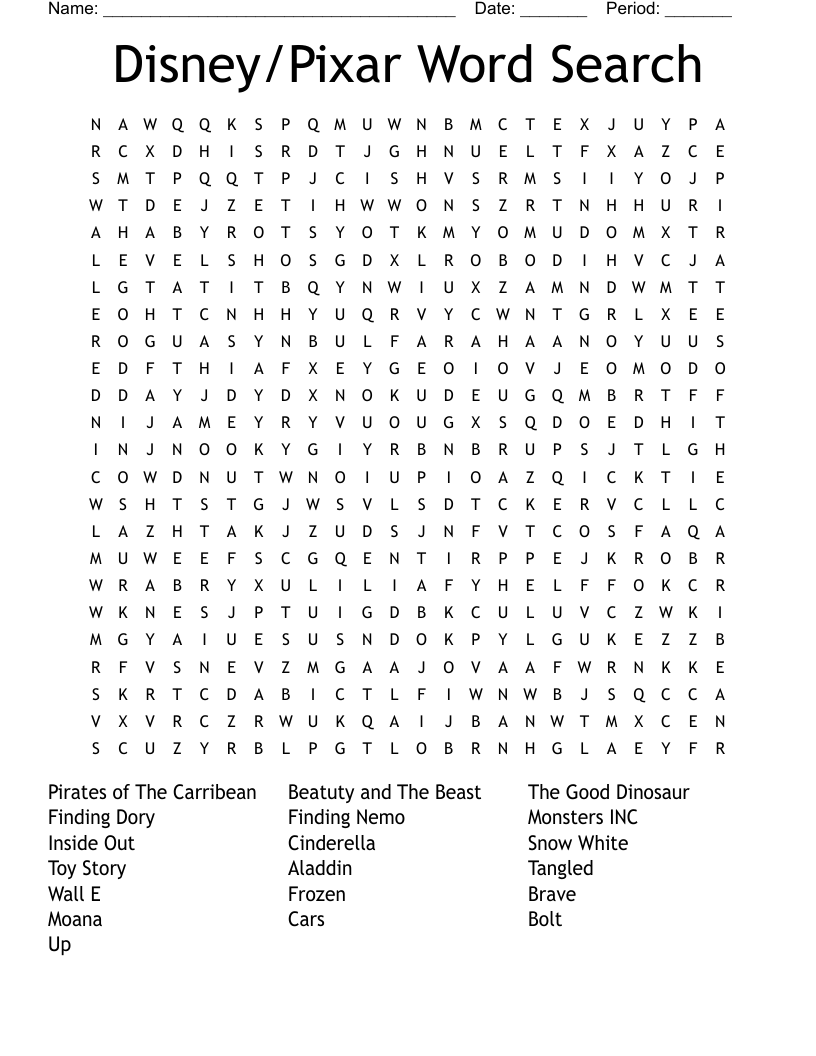 Disney Pixar Word Search WordMint