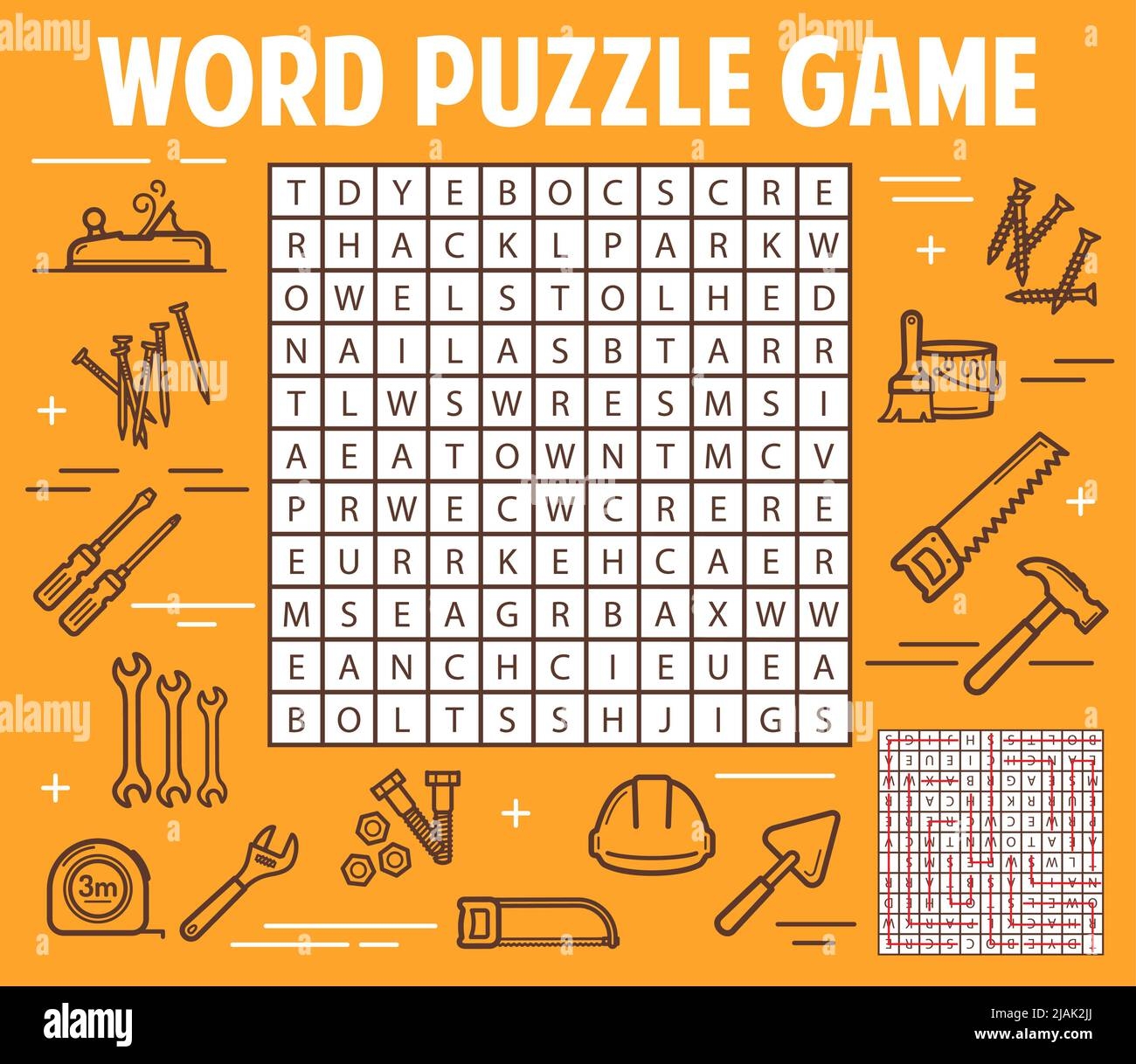 DIY And Construction Tools Word Search Puzzle Game Worksheet Child Quiz Grid Logical Puzzle Or Children Game With Thin Line Vector Construction Equipment Finding Words Kids Educational Riddle Stock Vector Image 