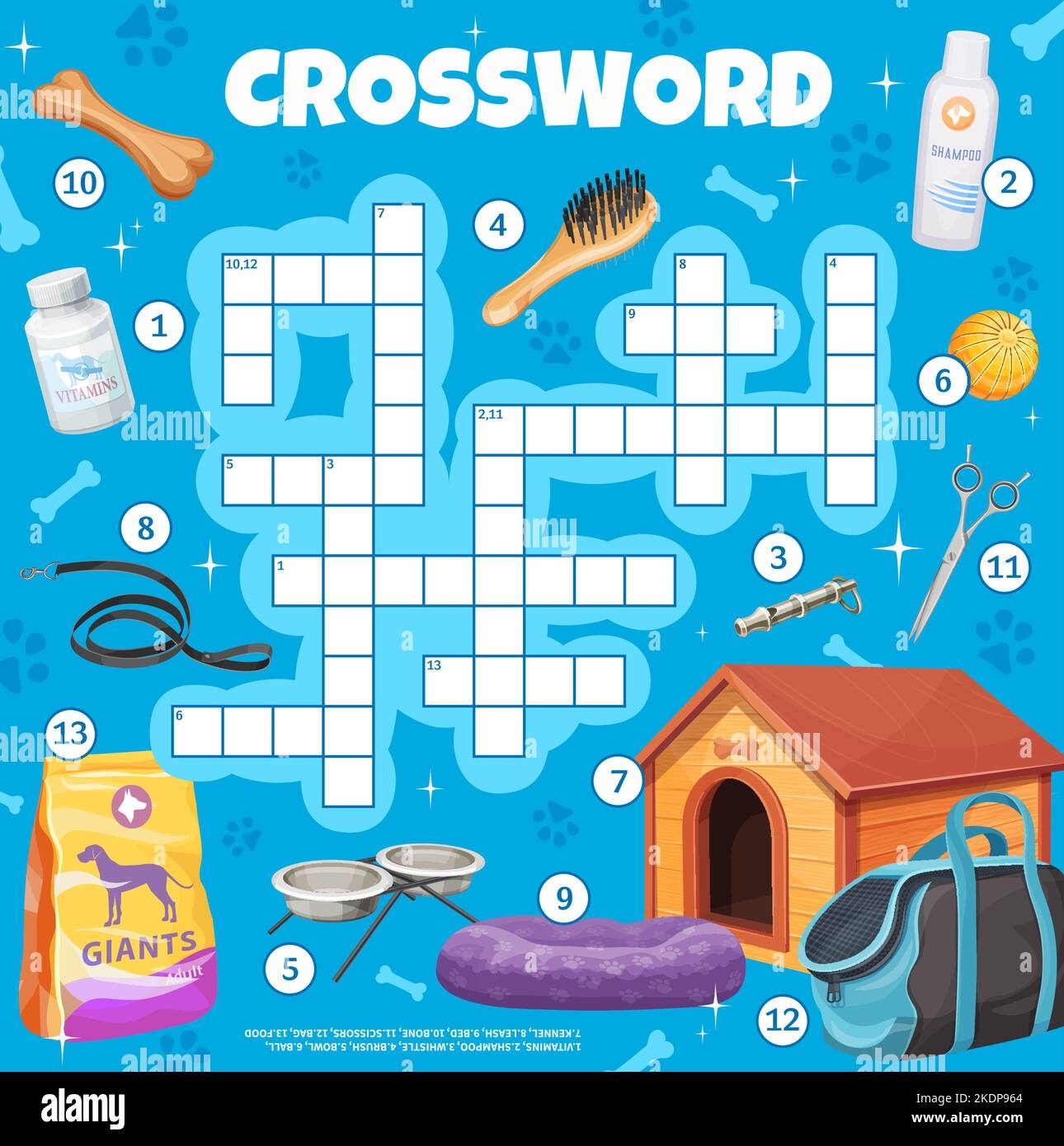 Dog And Puppy Pet Care Crossword Grid Worksheet Find A Word Quiz Game Kindergarten Child Text Riddle Or Vector Intellectual Quiz With Dog House Food Toy And Pet Grooming Tools Puppy Ball
