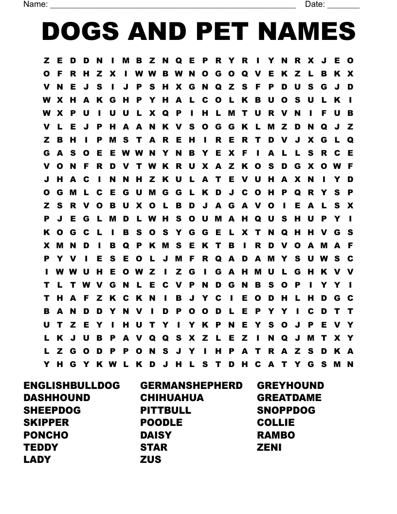 DOGS AND PET NAMES Word Search WordMint
