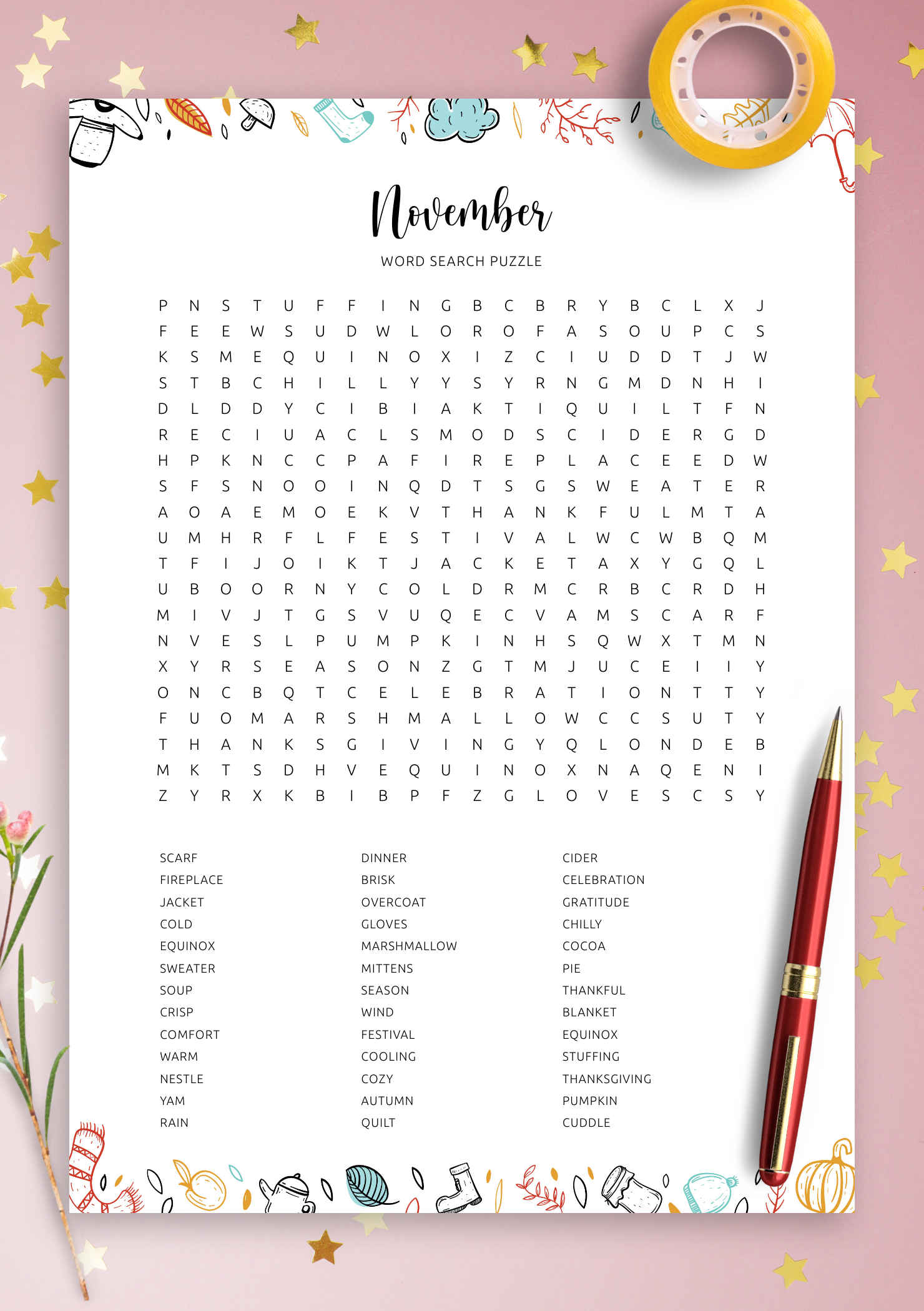 November Word Search Printable