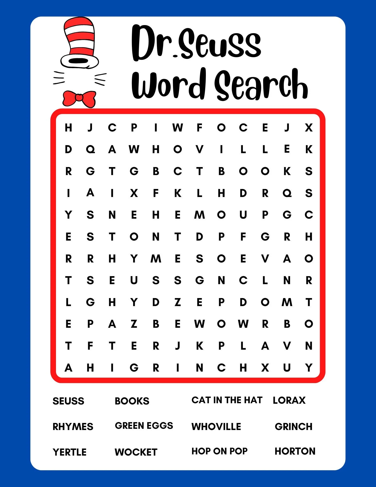 Dr Seuss Word Search Instant Download Printable PDF Etsy