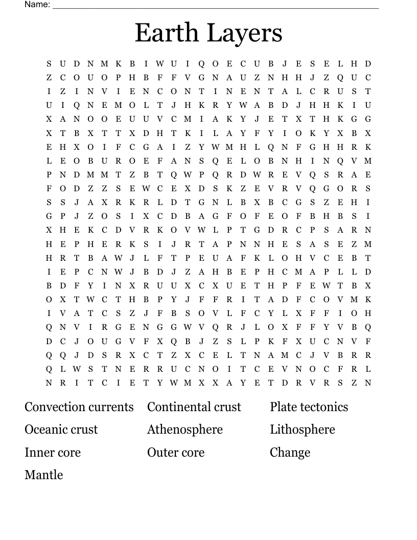 Earth Layers Word Search WordMint