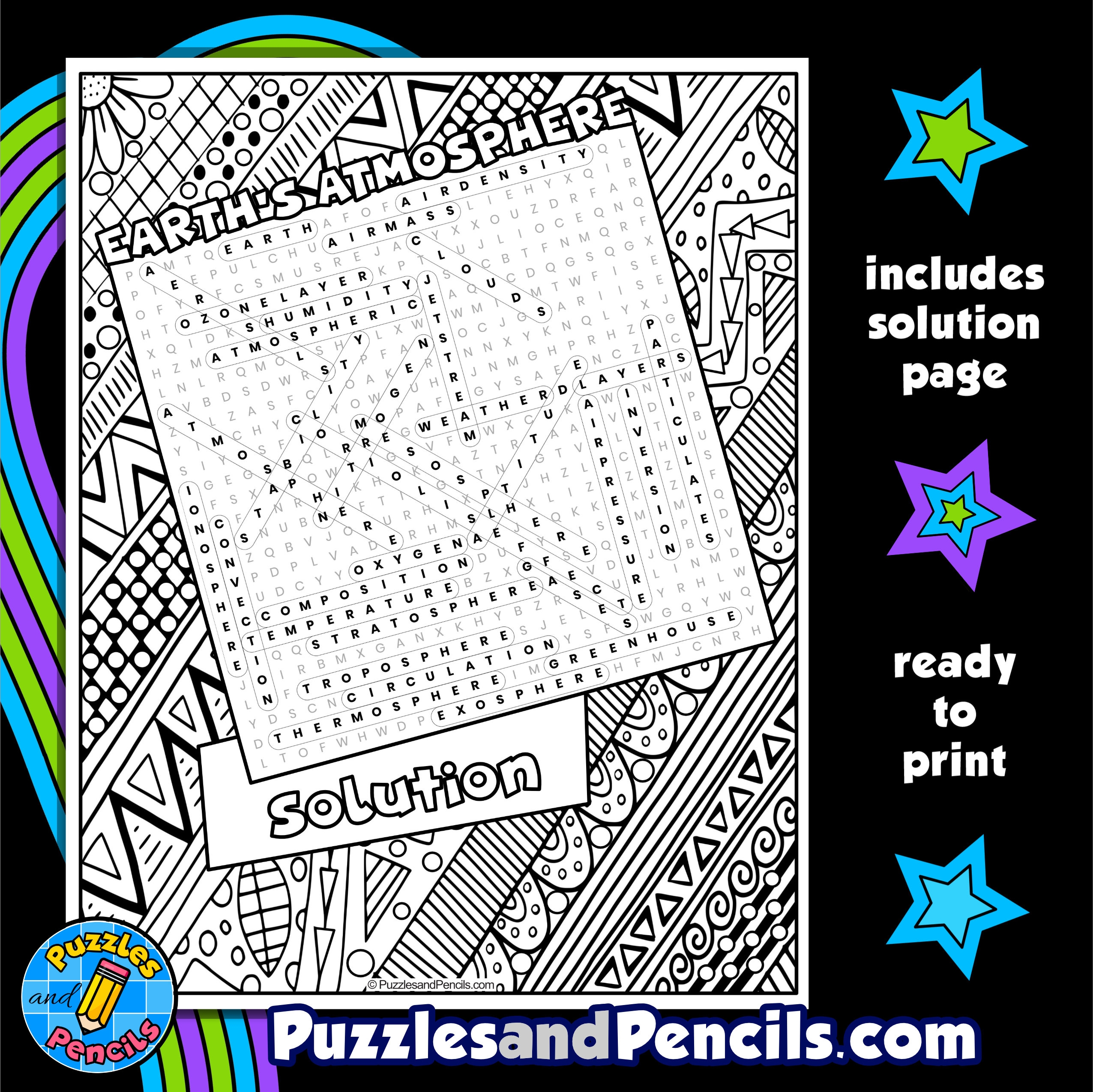 Earth s Atmosphere Word Search Puzzle With Coloring Weather Wordsearch Made By Teachers